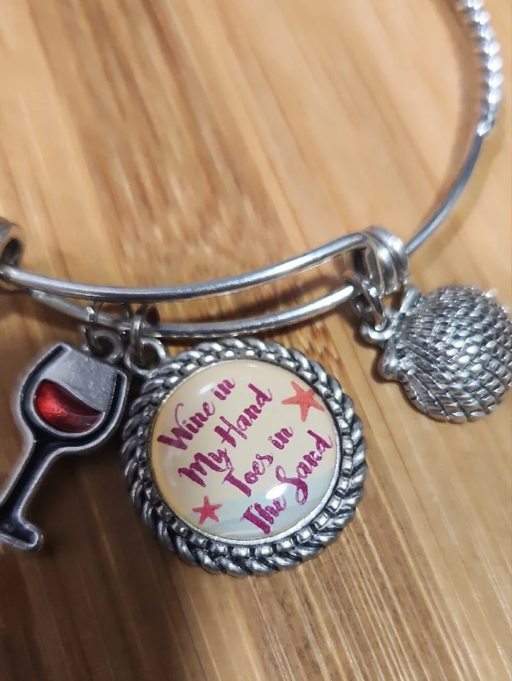 Silver Wine Lover Charm Bangle Bracelet